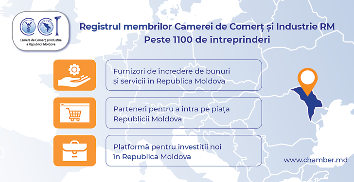 Registrul membrilor Camerei de Comerț și Industrie a Republicii Moldova (CCI a RM) –  un instrument online de căutare a potențialilor parteneri în Republica Moldova pentru cooperare și investiții profitabile.
